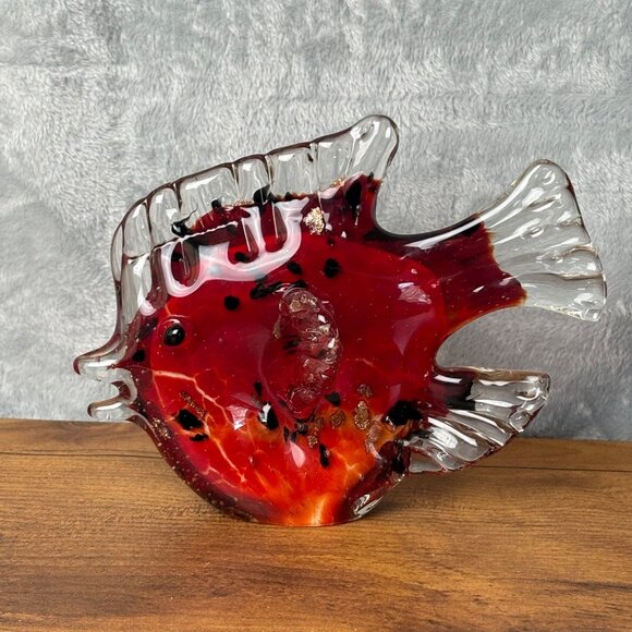 Handcrafted Glass Angel Fish Sculpture Red Clear Gold Crystal Piece Murano Style - Picture 2 of 8